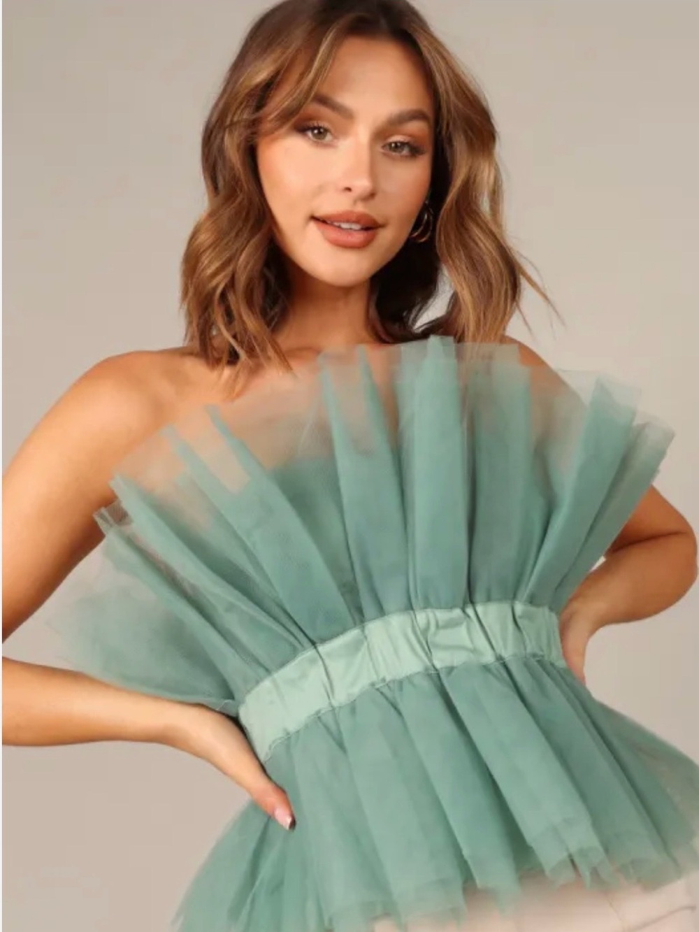 MABLE Sage Green Tulle Strapless Corset Peplum Top – Size M. NWT